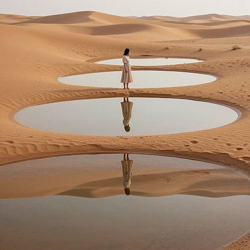 Photograph of a lone woman in a white dress standing in a vast desert with three circular water pools, reflecting her image. Golden sand dunes surround