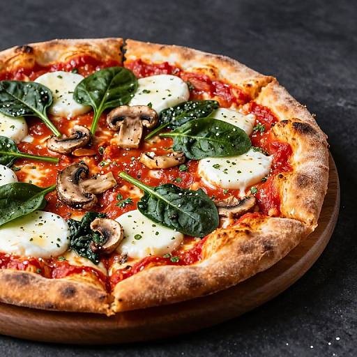 Photograph of a rustic pizza topped with melted mozzarella, fresh basil leaves, slices of mushrooms, and tomato sauce on a dark background.