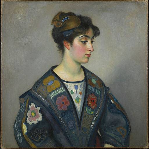 Oil painting of a young woman with fair skin and dark hair in an updo, wearing a floral-patterned shawl over a white blouse, g