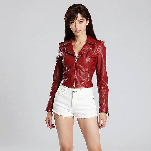 Woman in Red Leather Jacket and White Shorts