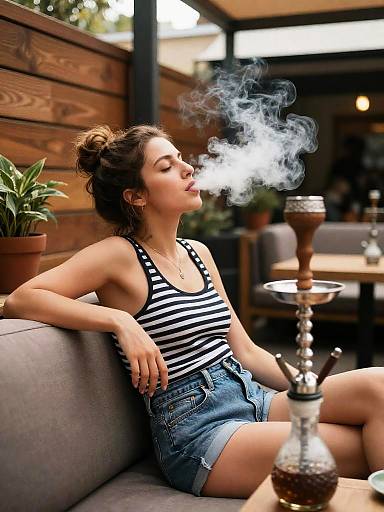 Candid Woman Smoking Shisha on Terrace