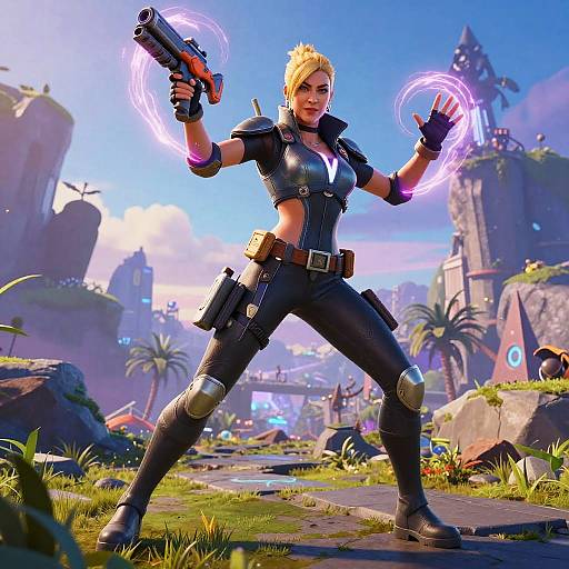 Blonde woman with short hair, black leather outfit, and gun, stands powerfully in sci-fi landscape, glowing purple energy rings surrounding her hands.