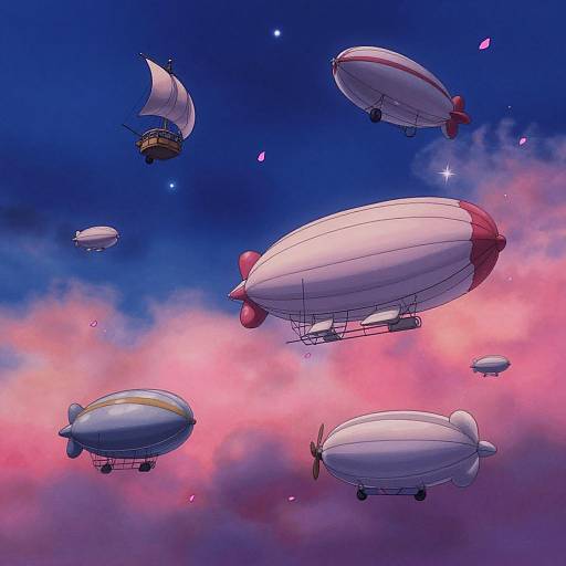 Digital artwork of vintage airships, including a sailboat-like ship, floating in a vibrant pink and blue twilight sky with scattered stars.