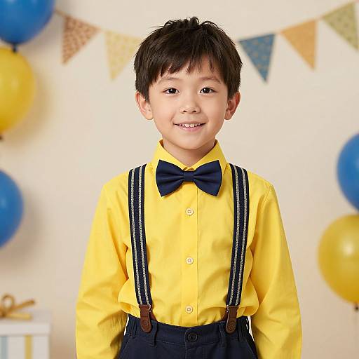 Photograph of a smiling Asian boy with short black hair, wearing a yellow shirt, navy bowtie, and black suspenders, against a backdrop of