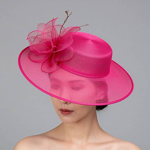 Photograph of an Asian woman with fair skin, wearing a bright pink, mesh fascinator hat adorned with a large, translucent flower against a plain gray