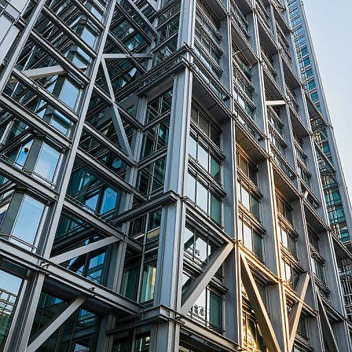 Photograph of a modern skyscraper featuring a complex steel frame structure with intersecting beams and reflective glass windows, taken from a low angle.