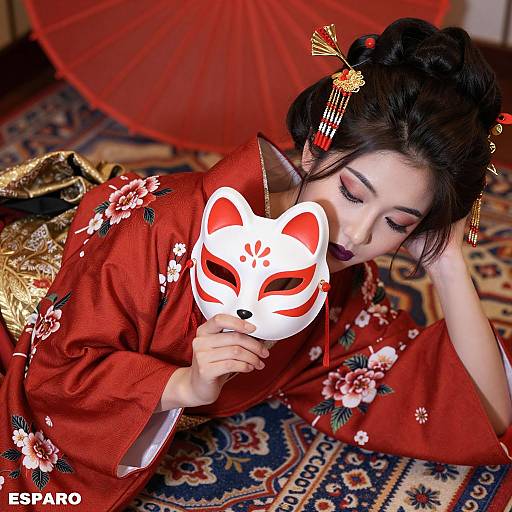Woman in Red Kimono Holding Fox Mask
