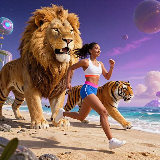Photograph of a fit Black woman with long hair running on a beach beside a lion and tiger, wearing a white sports bra and blue shorts, with