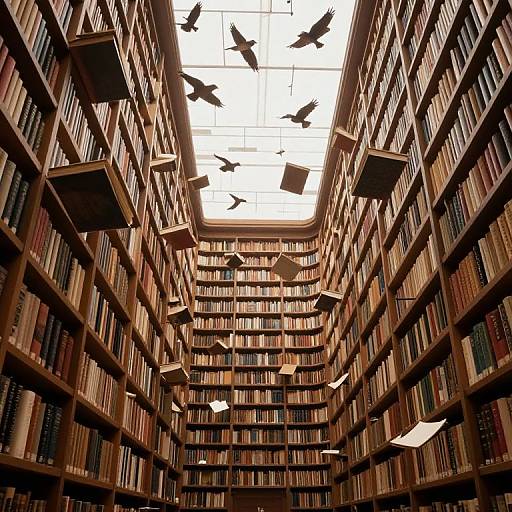 Photograph of a towering, sunlit library with brown wooden bookshelves filled with books, featuring floating books and birds on a glass ceiling.