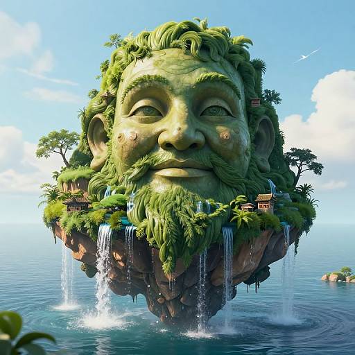 Digital artwork of a green, bearded, floating face with lush foliage, waterfalls, and small trees, set in a bright blue sky over calm
