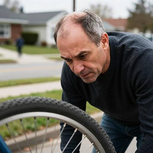 Contemplative Man and Bicycle Tire Scene