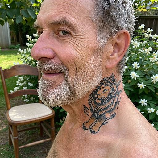 Photograph of an elderly white man with gray beard, lion tattoo on neck, smiling outdoors, shirtless, wooden chair in background.