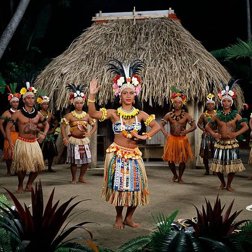 Photograph of a Polynesian dance troupe in colorful, traditional attire, standing in front of a thatched hut at night, with tropical plants