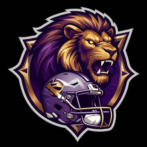 Digital illustration of a fierce, roaring lion with a purple mane, wearing a purple football helmet, outlined in white and gold.