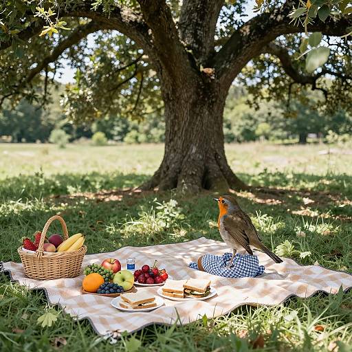 Photograph of a picnic under a large tree with a bird on a checkered cloth, basket of fruits, bread, and bananas. Sunlit grass