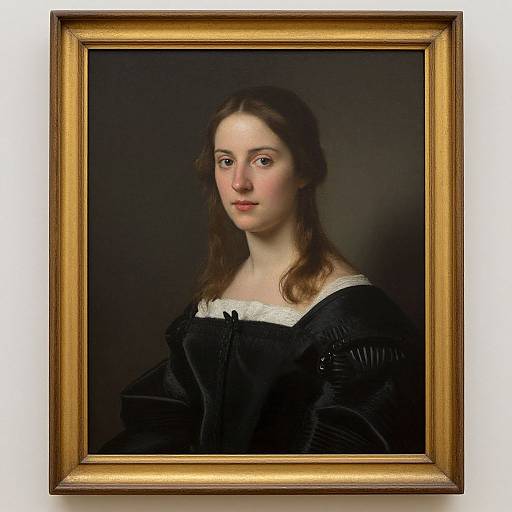 Photograph of a classic oil painting, framed in an ornate gold frame, depicting a young woman with fair skin and brown hair, wearing a black