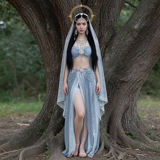 Photograph of a fair-skinned woman with a slender build, wearing a blue, sheer, lace-adorned outfit and veil, standing against a