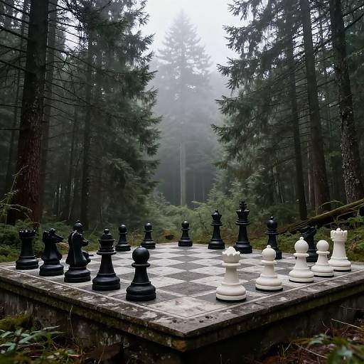 Photograph of a black-and-white chessboard set in a misty, dense forest with tall evergreen trees, creating a serene, mysterious ambiance.