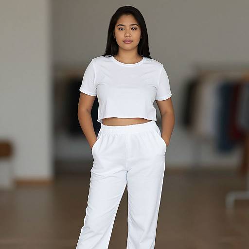 Photograph of a young Asian woman with long black hair, wearing a white crop top and matching white pants, standing confidently in a blurred indoor space.