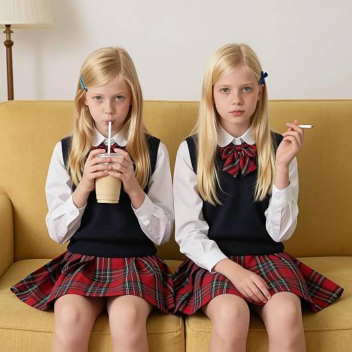 Blonde Girls in School Uniforms on Couch