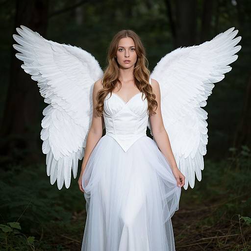 Photograph of a woman with long brown hair, wearing a white angelic dress and large, glowing white wings, standing in a dark forest.