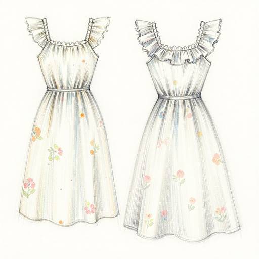 Watercolor sketch of two sleeveless, ruffled, floral summer dresses; one plain, one with ruffles, standing side by side.