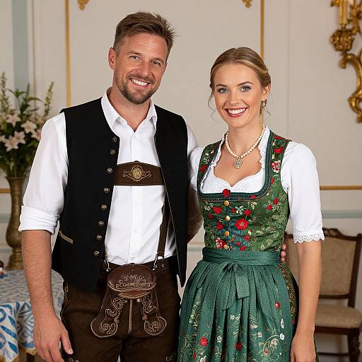 Photograph of a smiling man and woman in traditional Bavarian attire; man in black vest and lederhosen, woman in green dirndl with