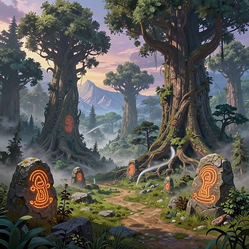 Fantastical forest scene with glowing rune-marked stones, towering ancient trees, misty mountains, and a vibrant, colorful sunset sky. Digital artwork