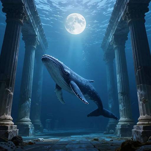 Moonlit Whale Among Ancient Columns