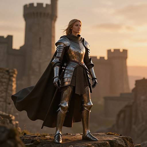 Photograph of a blonde female knight in silver armor with a black cape, standing on a rocky ledge at sunset, with a medieval castle in the background