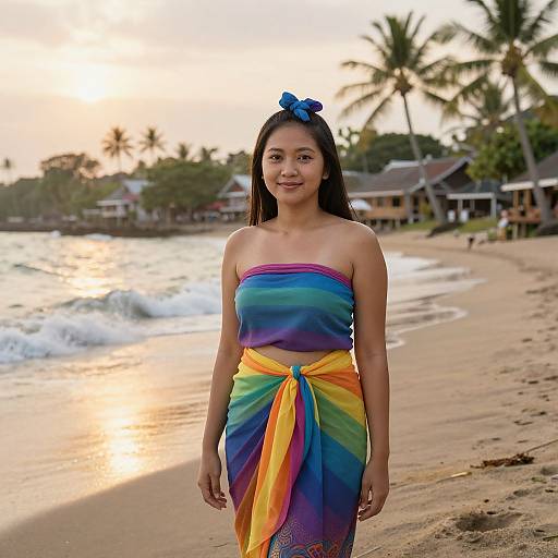 Photograph of a smiling Asian woman with long black hair, wearing a rainbow-striped strapless sarong and blue hair bow, standing on a tropical beach