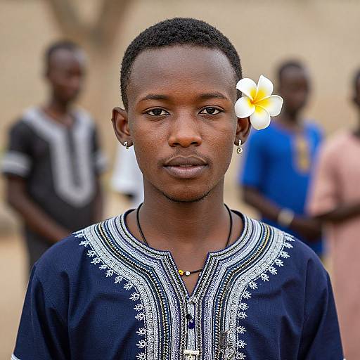 Photograph of a young Black man with short hair, wearing a black embroidered shirt, small earrings, and a flower behind his ear, standing in a