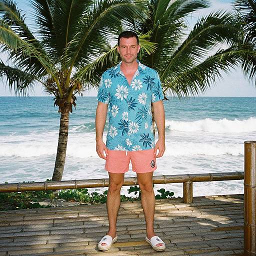 Photograph of a fit, fair-skinned man with short brown hair, wearing a blue floral shirt, pink shorts, and white slides, standing on