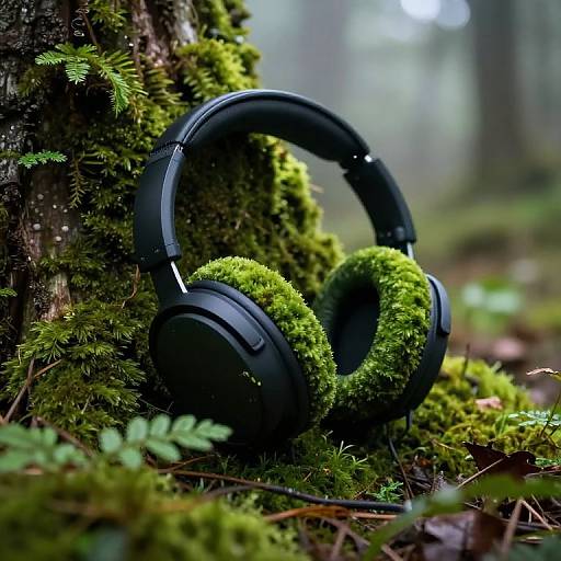 Photograph of black headphones resting on vibrant green moss-covered tree trunk in a misty forest, with blurred background.