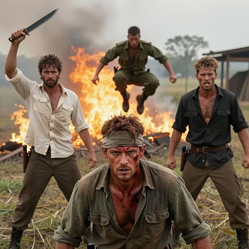 Intense Battle in a Fiery Landscape