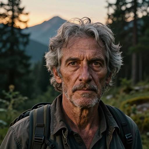 Photograph of an elderly man with gray, wavy hair, a beard, and deep-set eyes, wearing a dark shirt and backpack, standing in