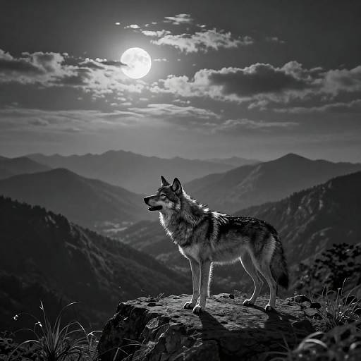 Black-and-white photograph of a wolf standing on a rocky mountain peak under a moonlit sky, with distant mountain ranges.