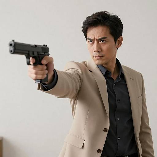 Intense Man Aiming Handgun in Beige Suit