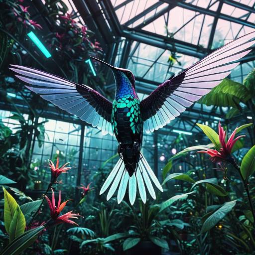 Robotic Hummingbird in Futuristic Greenhouse