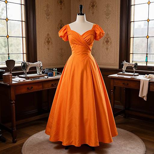 Photograph of a vibrant orange, off-the-shoulder, full-skirted gown on a mannequin in a vintage sewing room with wooden