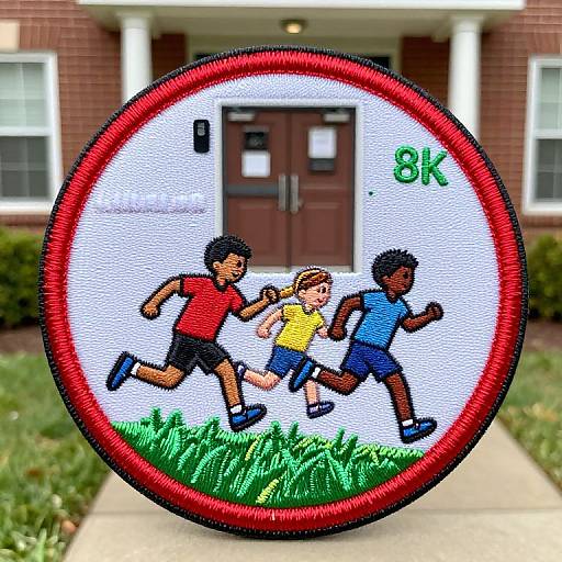 Embroidered circular patch depicting three diverse children running on grass, wearing red, yellow, and blue clothes, with 