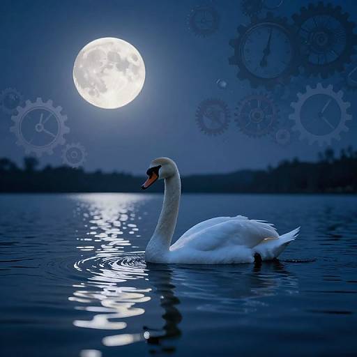 Photograph of a white swan gliding on a moonlit blue lake, with large gears and clock faces overlayed on the night sky.