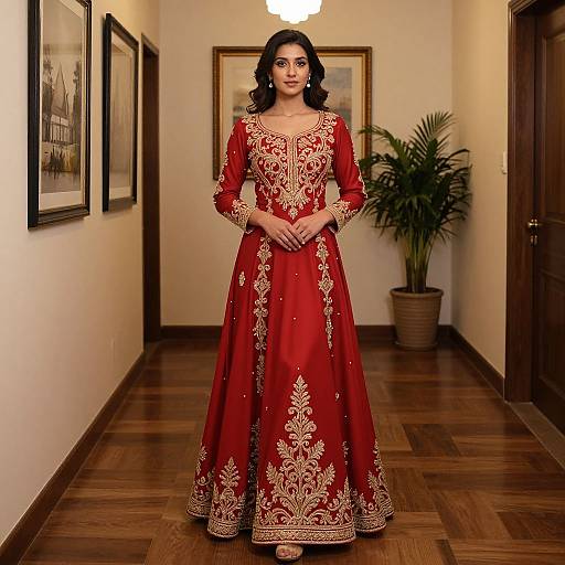 Photograph of a South Asian woman with medium brown skin, wearing a red traditional lehenga with gold embroidery, standing in a warmly lit wooden hallway with