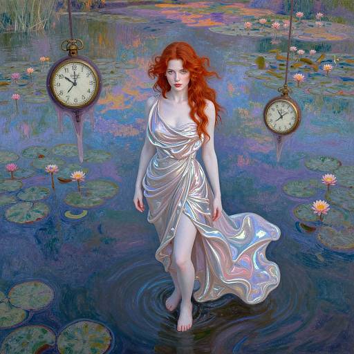 Digital painting of a red-haired woman in a flowing white dress, standing in a colorful, lily-pad-filled pond with two clock faces hanging above.