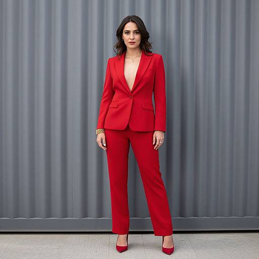 Photograph of a confident woman with wavy black hair, wearing a bold red blazer and pants suit, red pointed heels, and gold bracelet,