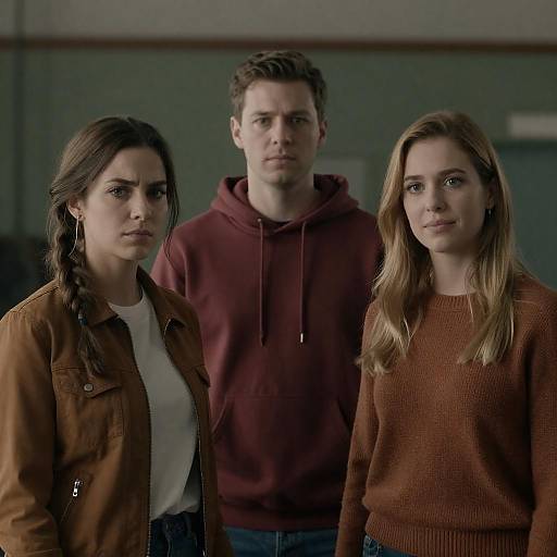 Three Serious Young Adults Standing Indoors