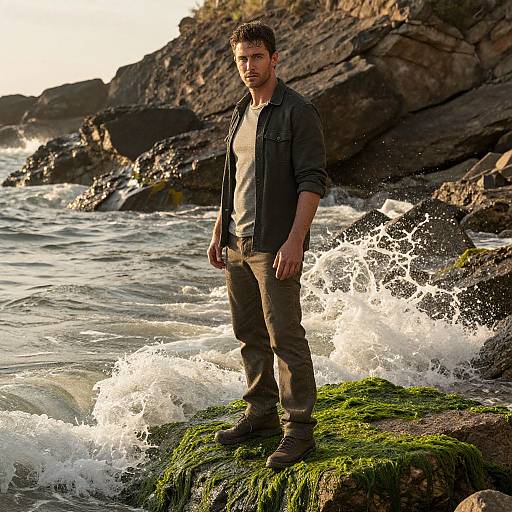 Photograph of a bearded man in a black jacket and brown pants standing on a rocky, moss-covered shore as waves crash around him. Sunlight
