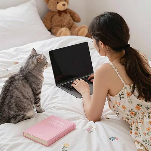 Cozy Bed Scene with Woman and Cat