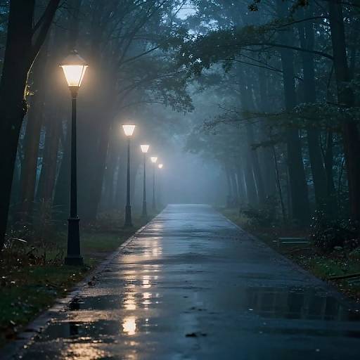 Photograph of a misty, moonlit forest path with glowing street lamps lining the wet, reflective road, creating a serene, mysterious atmosphere.