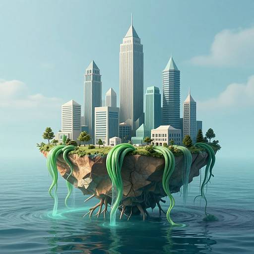 Digital artwork of a floating city with skyscrapers, surrounded by green tentacle-like plants, rising from a calm ocean. Blue sky background.